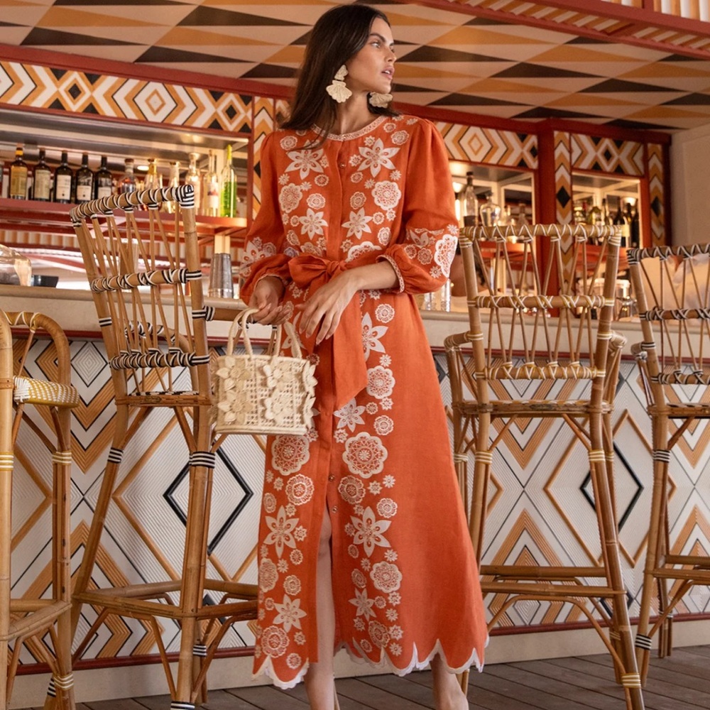 NWT ASHA by Ashley McCormick Embroidered Maxi Dress with Belt - Size Medium